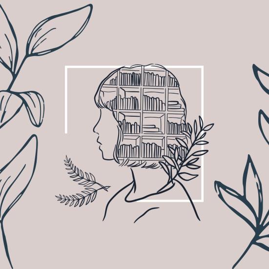 Grafik af kvinde med hovedet fuld af fortællinger/bøger