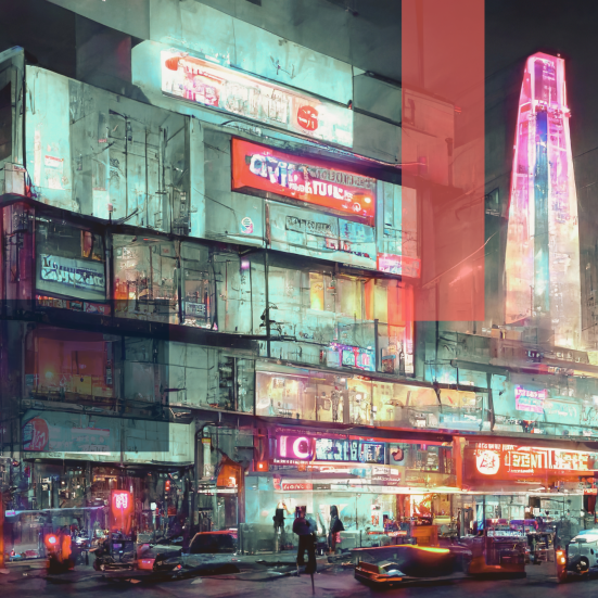 dystopisk fremtidsby med neonlys