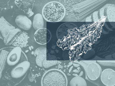 Bord med sunde fødevarer og stregtegning af kålblad