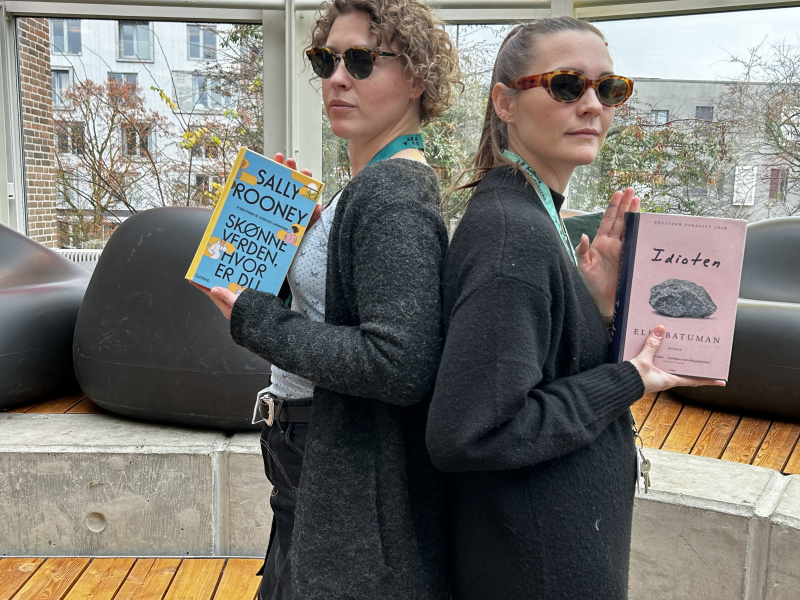 Ditte og Mie står i Glashjørnet på Hovedbiblioteket med hver deres bog, som kendte Hollywoodstjerner er blevet spottet med. De har begge solbriller på. De poserer ryg mod ryg og ser smarte ud.