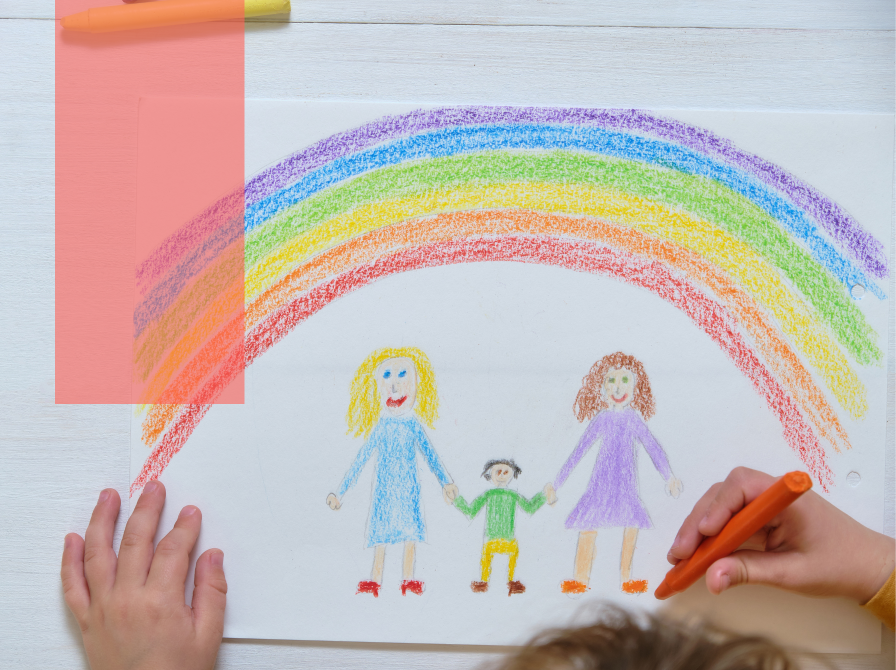Børnetegning af to mødre med et barn i hånden under en regnbue
